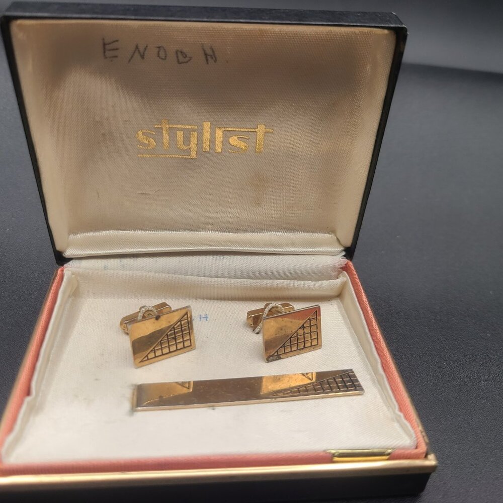 Stylist Cufflinks and Tie Clip Set Gold Tone Vintage Mens Jewelry